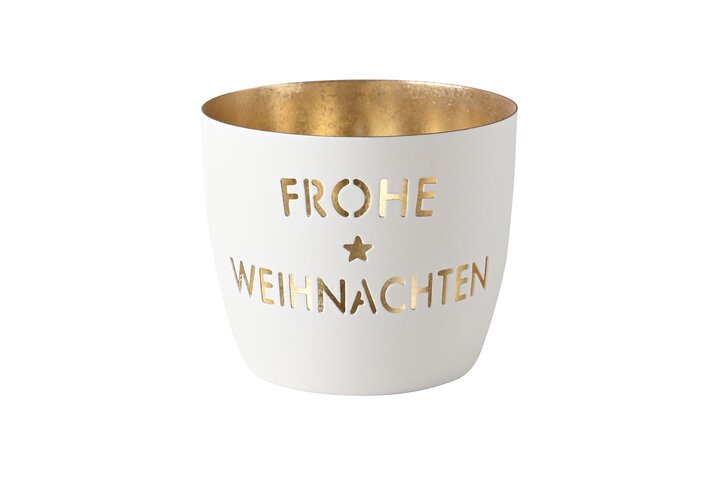 Madras, Windlicht, M, Motiv: Frohe Weihnachten, weiß/gold