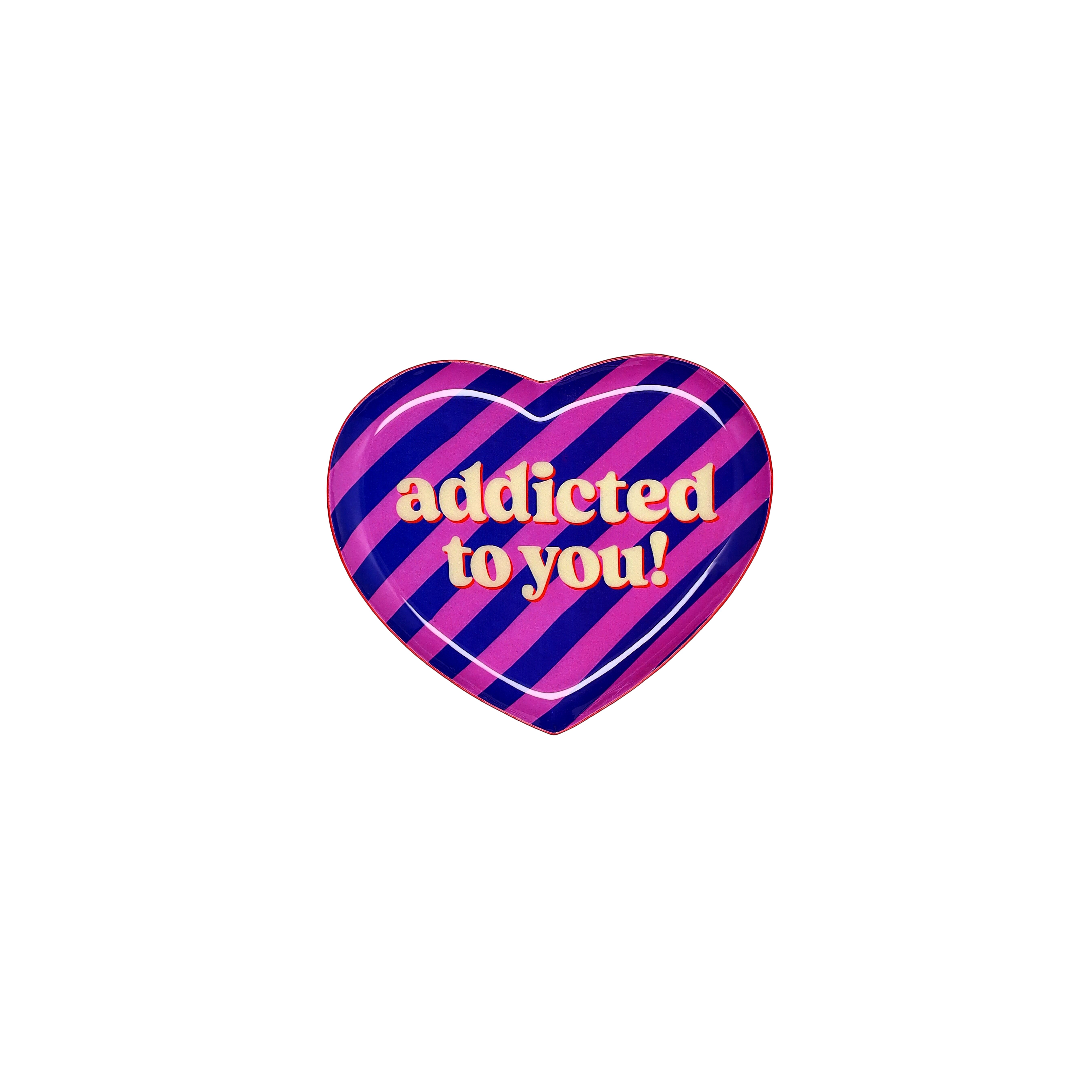 Love Trays, Dekotablett, XS,  Motiv: Addicted to you, Herzform, lila/rosa