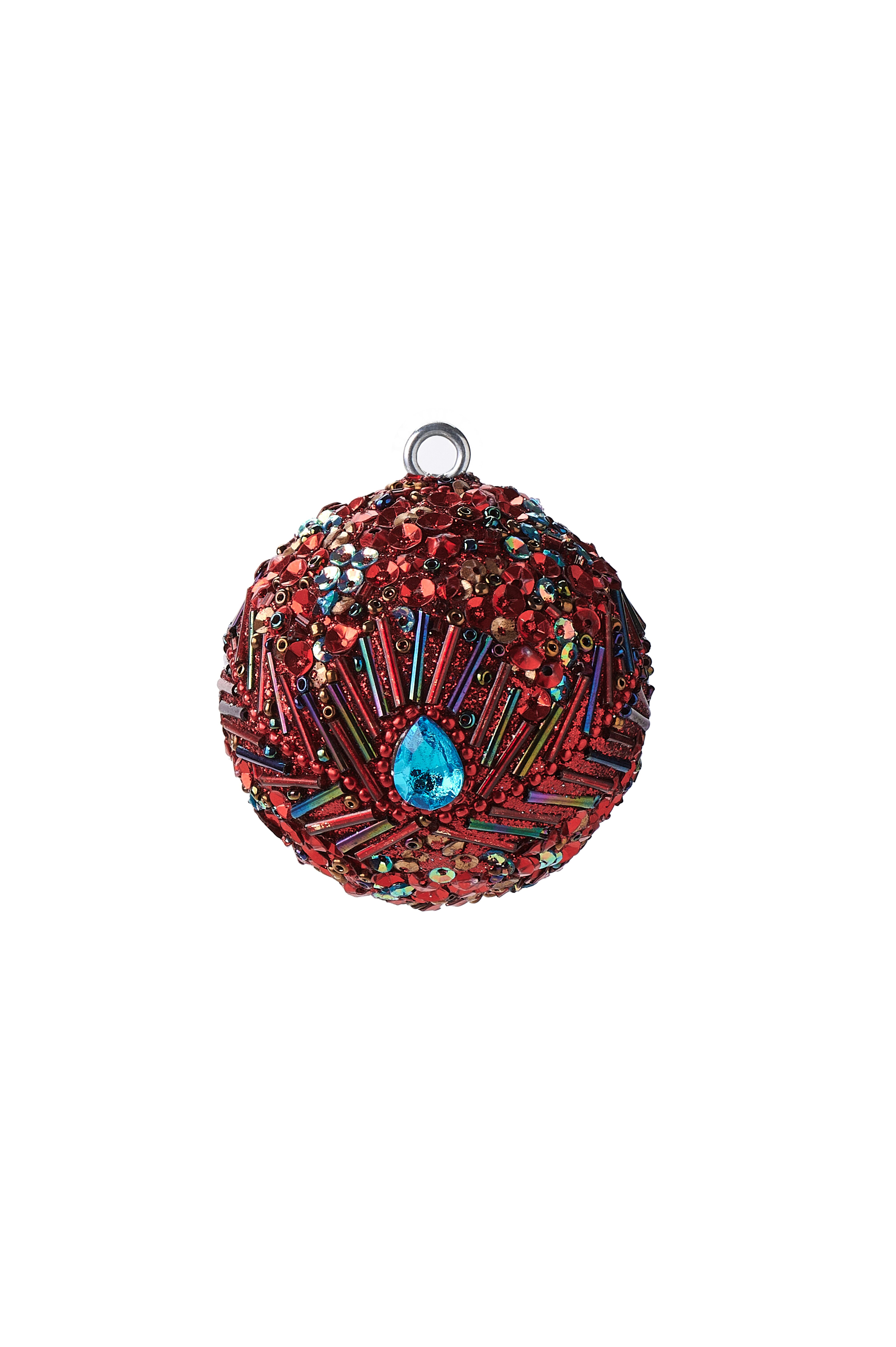 Opium, christmas ball, 6cm, peacock, blue stone, sequins, beads, red