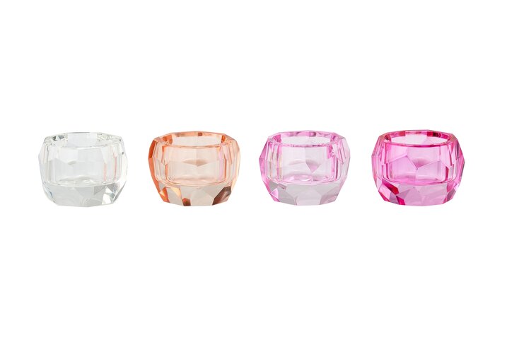 Palisades, Kristallglas, Teelichhalter H4cm, 4fach sortiert, transparent/rosa/pink/apricot, gs