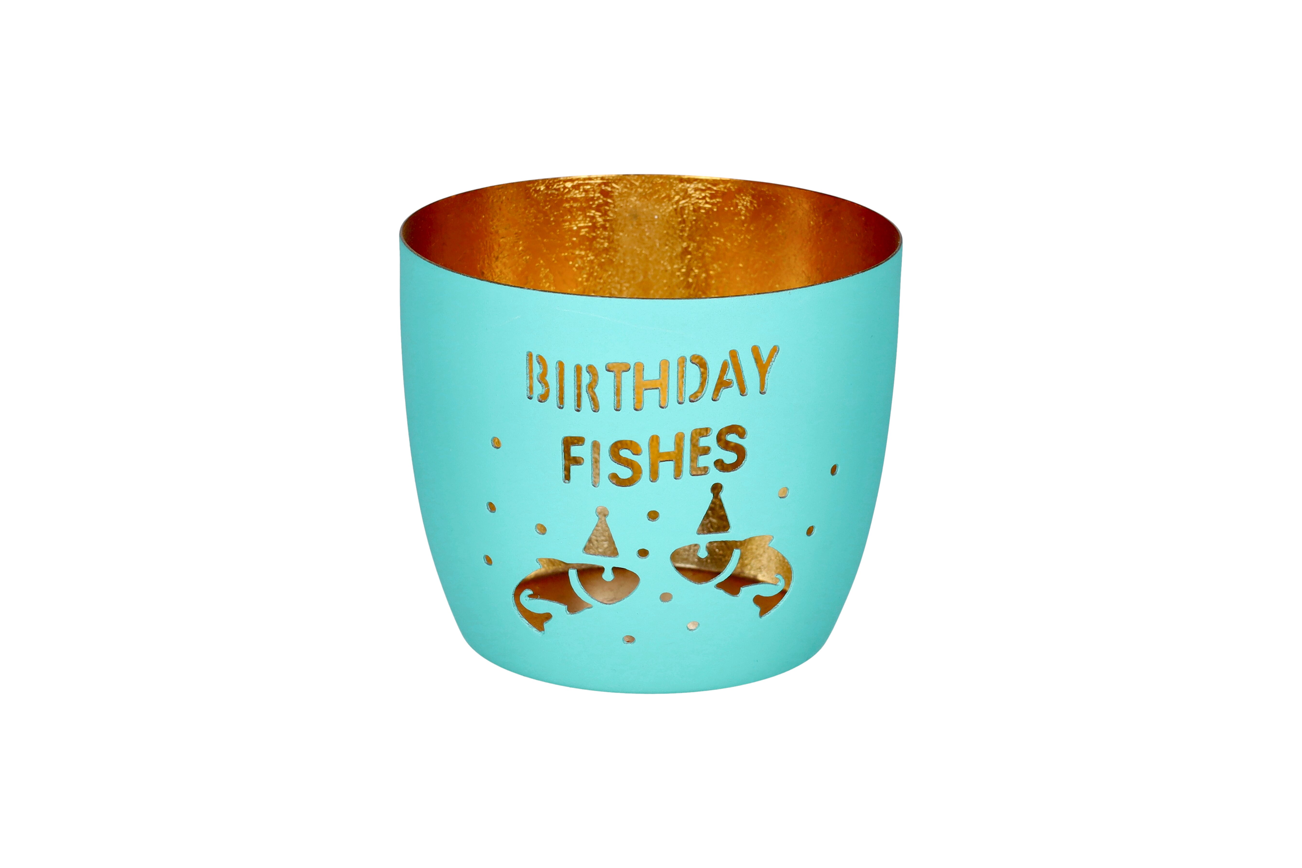 Madras, Windlicht, M, Motiv: Birthday fishes, türkis/gold