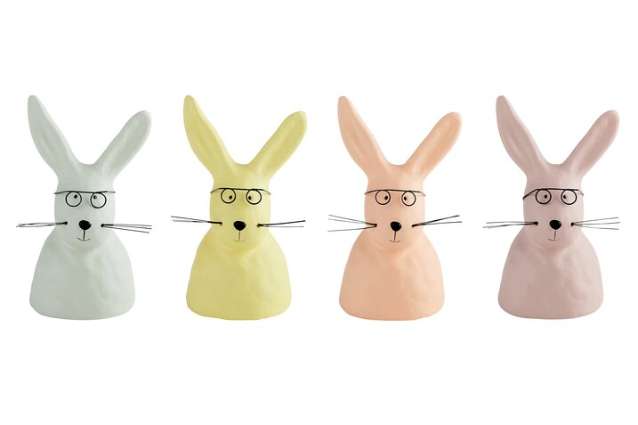 Nerdy, deco bunny with glasses M, assorted of 4pcs., gray/orange/pink/yellow