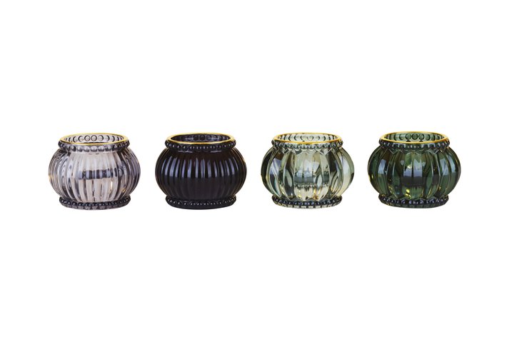 Jacquard, votive,4 assorted, w. gold edge, round, dark oliver/yucca/black/cool grey, sprayed