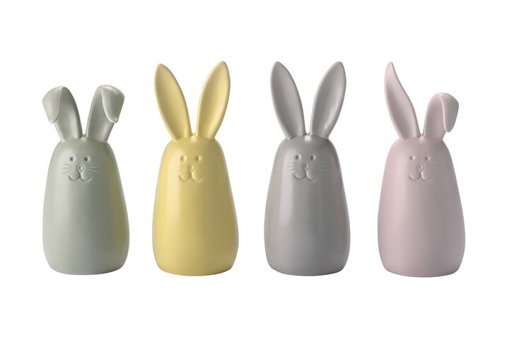 Nerdy, deco bunny M, sorted of 4 pcs., porcelain, gray/pink/yellow/green