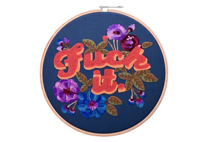 Broderie, embroidery wall art, L, motive: Fuck it, dark blue