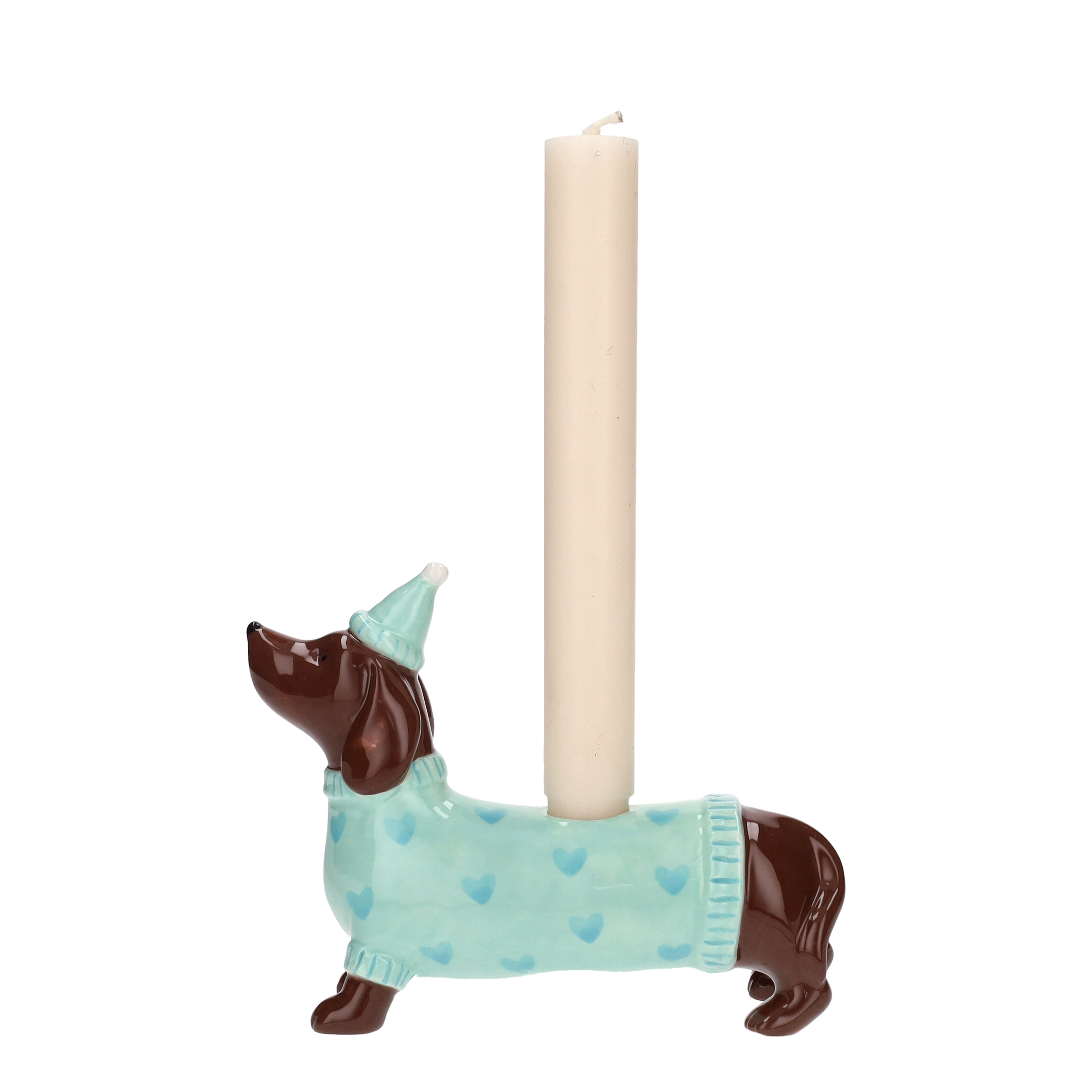 Mignon, Kerzenhalter Dackel mit Mütze, türkis