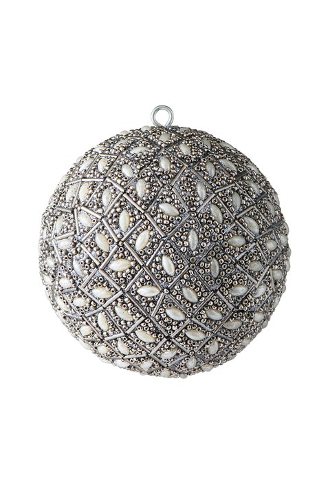 Opium, Weihnachtskugel, 10cm, Perlen, weiße Steine, antik silber