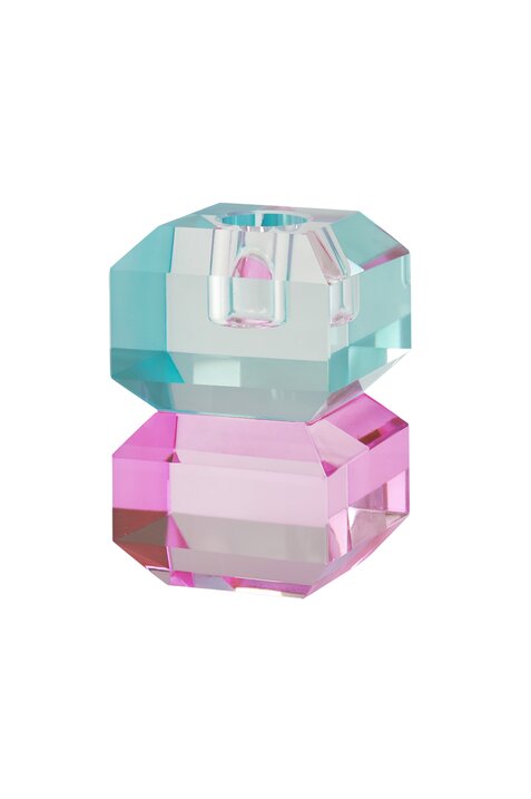 Sari, crystal glass, candle holder h9cm, square, blue/pink, sprayed