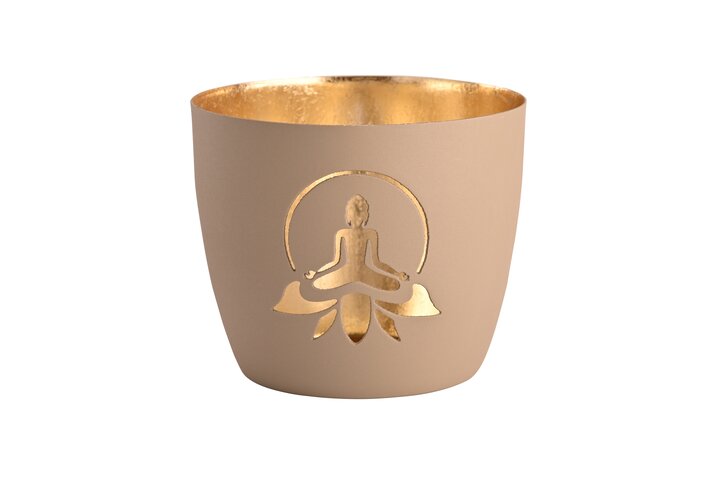 Madras, Windlicht, M, Motiv: Lotus Yoga Silhouette, sandstone/gold