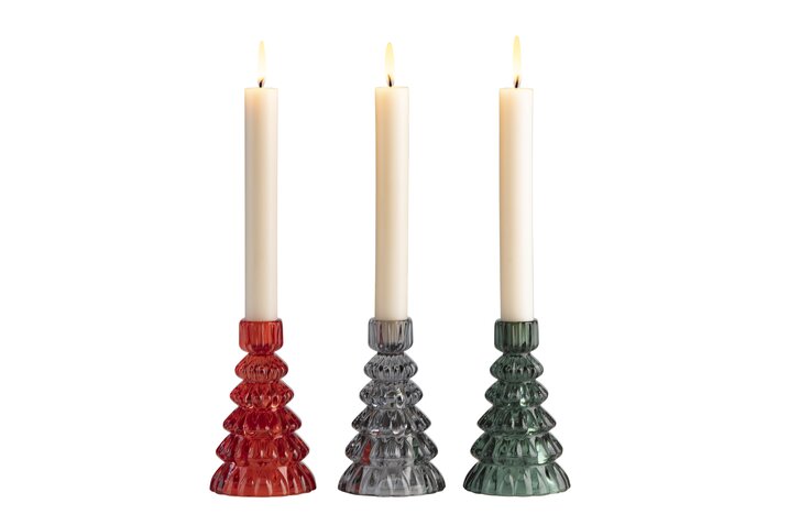 Jacquard, candle holder xmas tree assorted of 3 pcs., h13,5cm, red/gray/green, sprayed