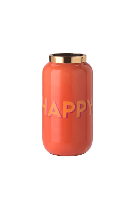 Saigon, Vase mit Metallring, XXS(H12cm), Motiv: Happy, orange/gold