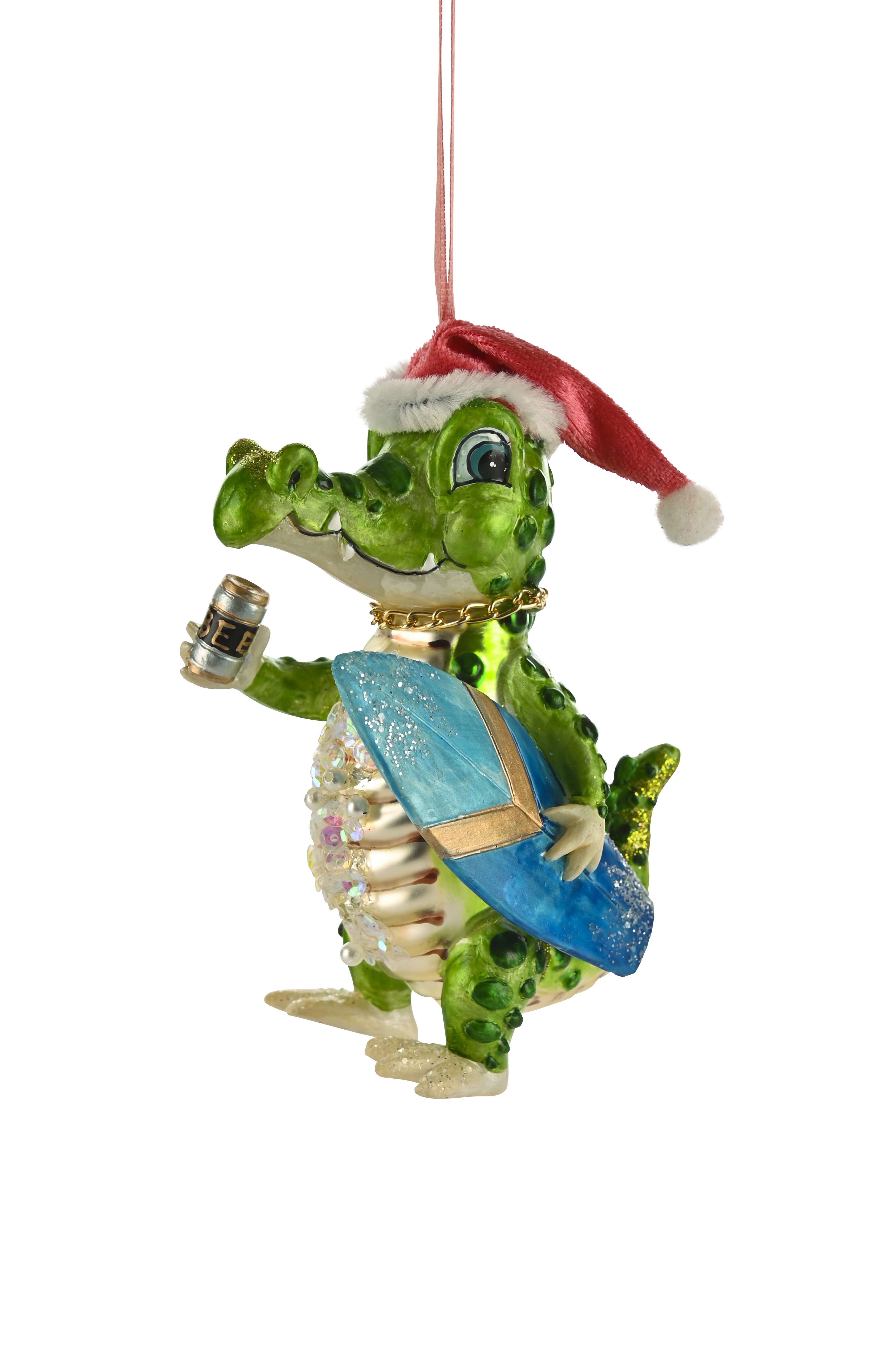 hanger crocodile w. surfboard and xmas hat, green