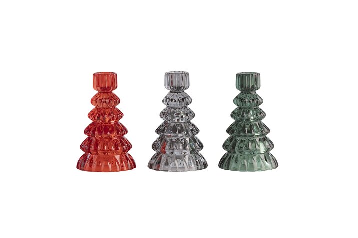 Jacquard, candle holder xmas tree assorted of 3 pcs., h13,5cm, red/gray/green, sprayed