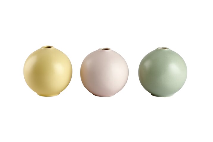 Bloom, vase, 3pcs. assorted, round, porcelain, green/yellow/pink