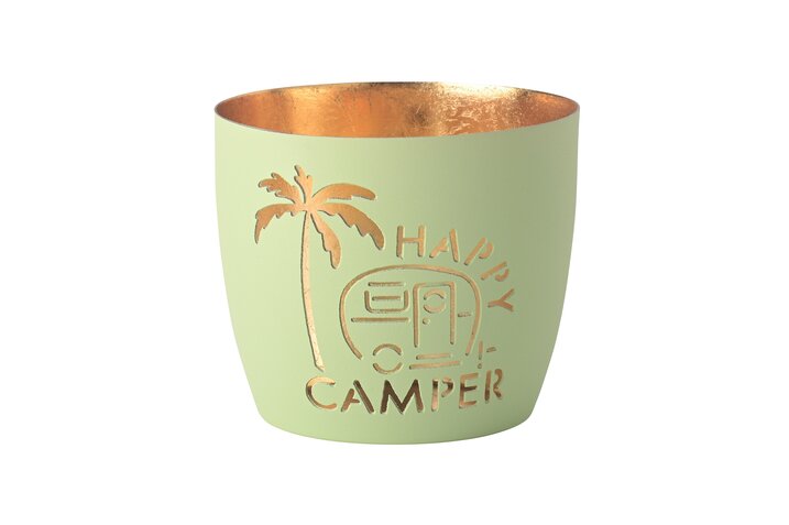 Madras, Windlicht, M, Motiv: Happy camper, pastellgrün/gold