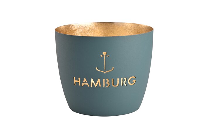 Madras, Windlicht, M, Motiv: Hamburg Anker, windsor blue/gold