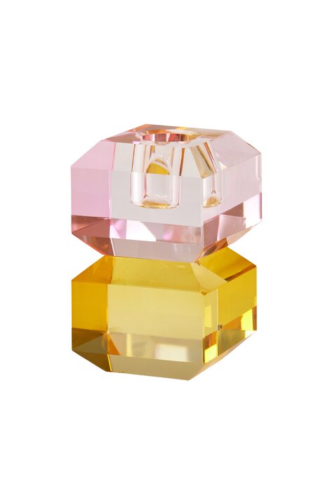 Sari, crystal glass, candle holder h9cm, square, pink/yellow, sprayed