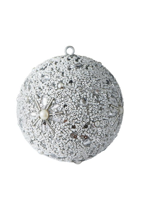 Opium, Weihnachtskugel, 10cm, Blumenmuster, Perlen, Glitzer, Steine, weiss/silber