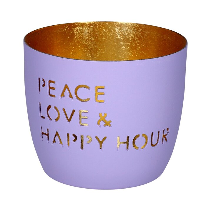 Madras, Windlicht, M, Motiv: Peace, Love & Happy hour, lila/gold