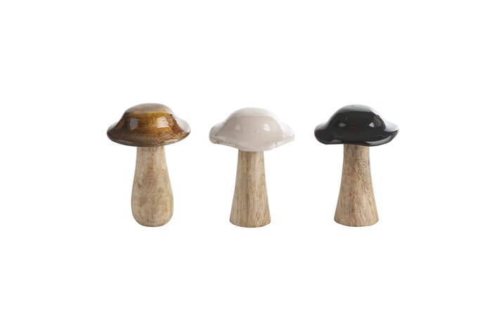 Dekopilz, H10,5cm, 3fach sortiert, Holz, schwarz/sandstone/braun