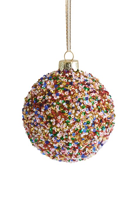 Seoul, Weihnachtskugel, 8cm, Pailletten, weiße Rocailles-Perlen, blau/grün/rot