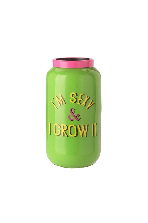 Saigon, Vase mit Metallring, XXS(H12cm), Motiv: I´m sexy & i grow it, grün/pink