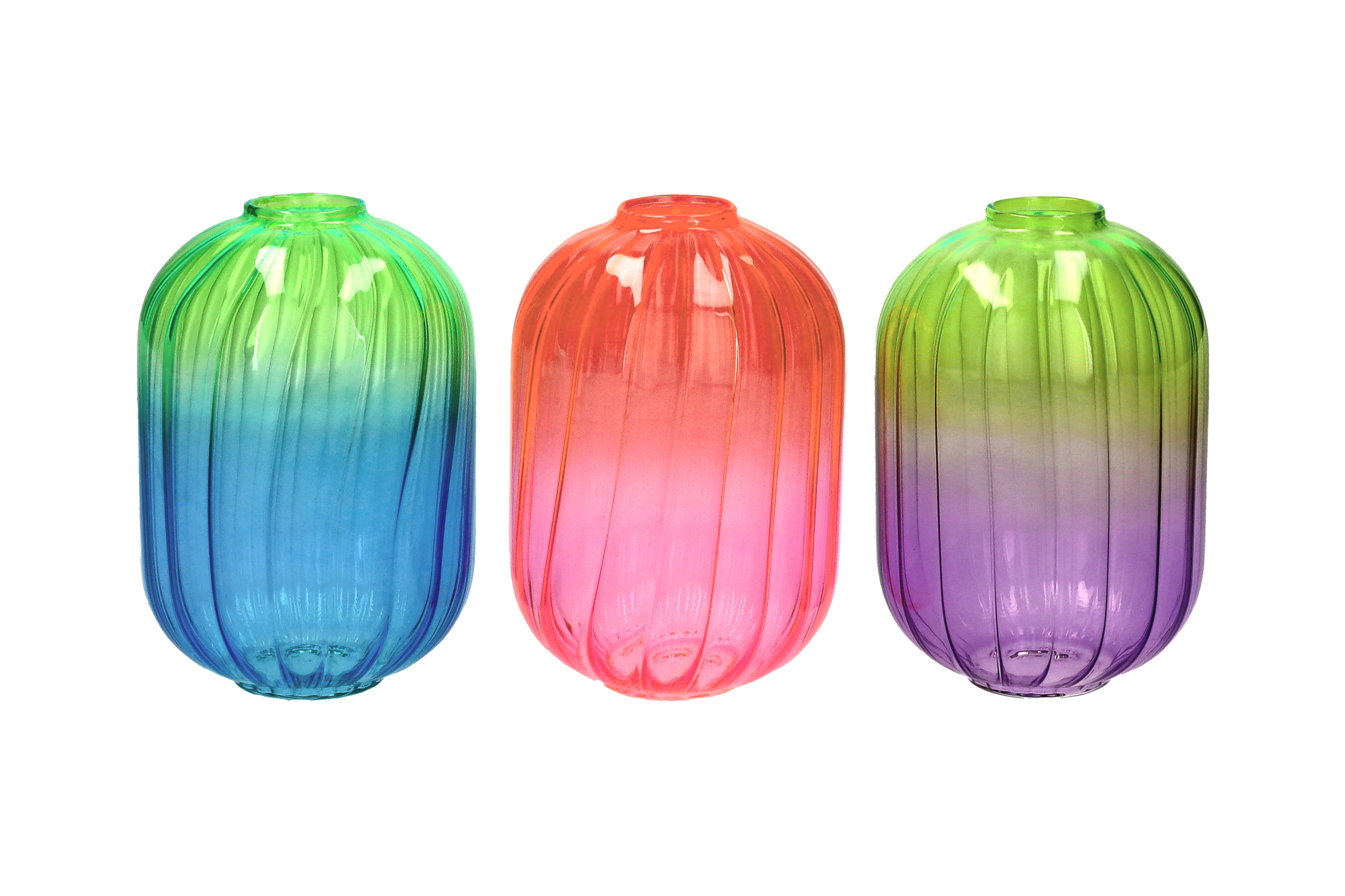 Voile, Vase 3fach sortiert, Borosilikatglas, oval, Farbverlauf, neon, mehrfarbig, gs
