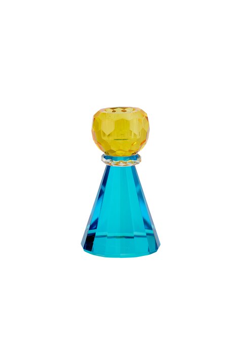 Sari, crystal glass, candle holder h11,5cm, cone, yellow/blue, sprayed