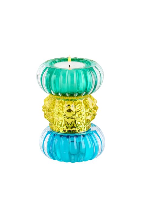 Sari, tea light holder h11,5cm, round, blue/yellow/green, sprayed