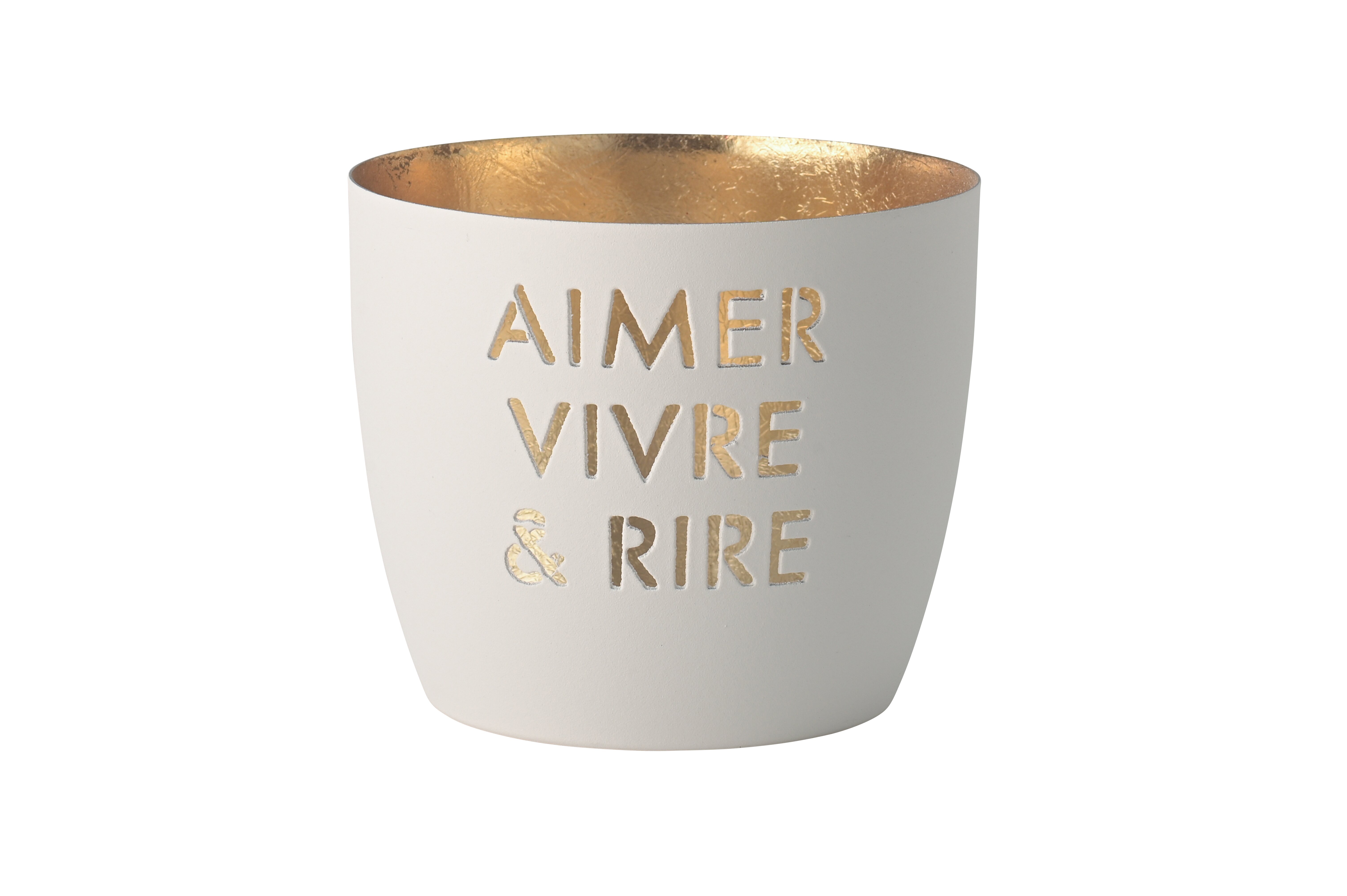 Madras, Windlicht, M, Motiv: Aimer vivre & rire, weiß/gold