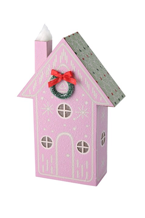 Candy, house w. LED and wreath, pink