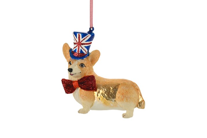 Hänger Corgi mit Union Jack Zylinder, beige