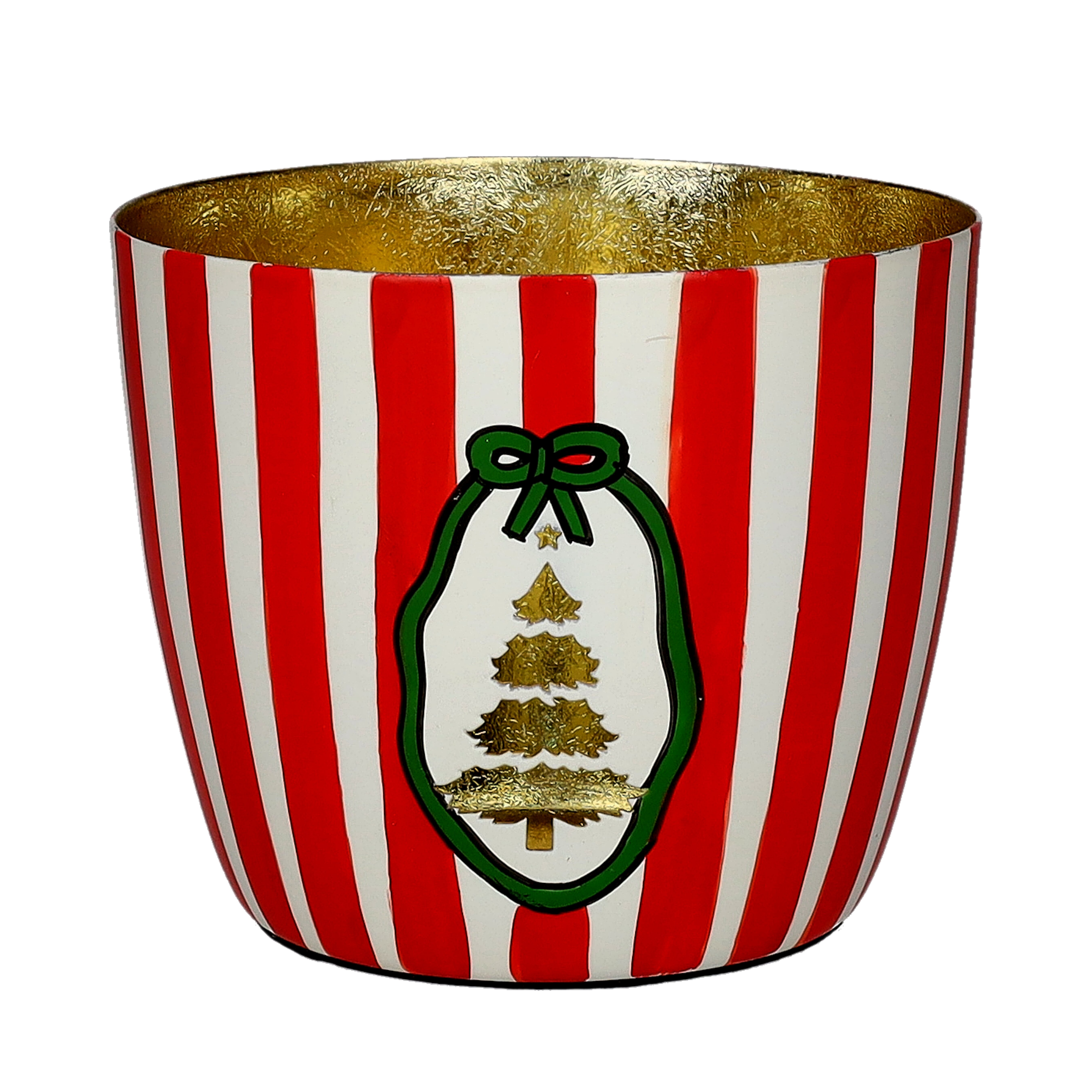 Madras, Windlicht, M, Motiv: Tannenbaum, rot/weiß/gold , gestreift