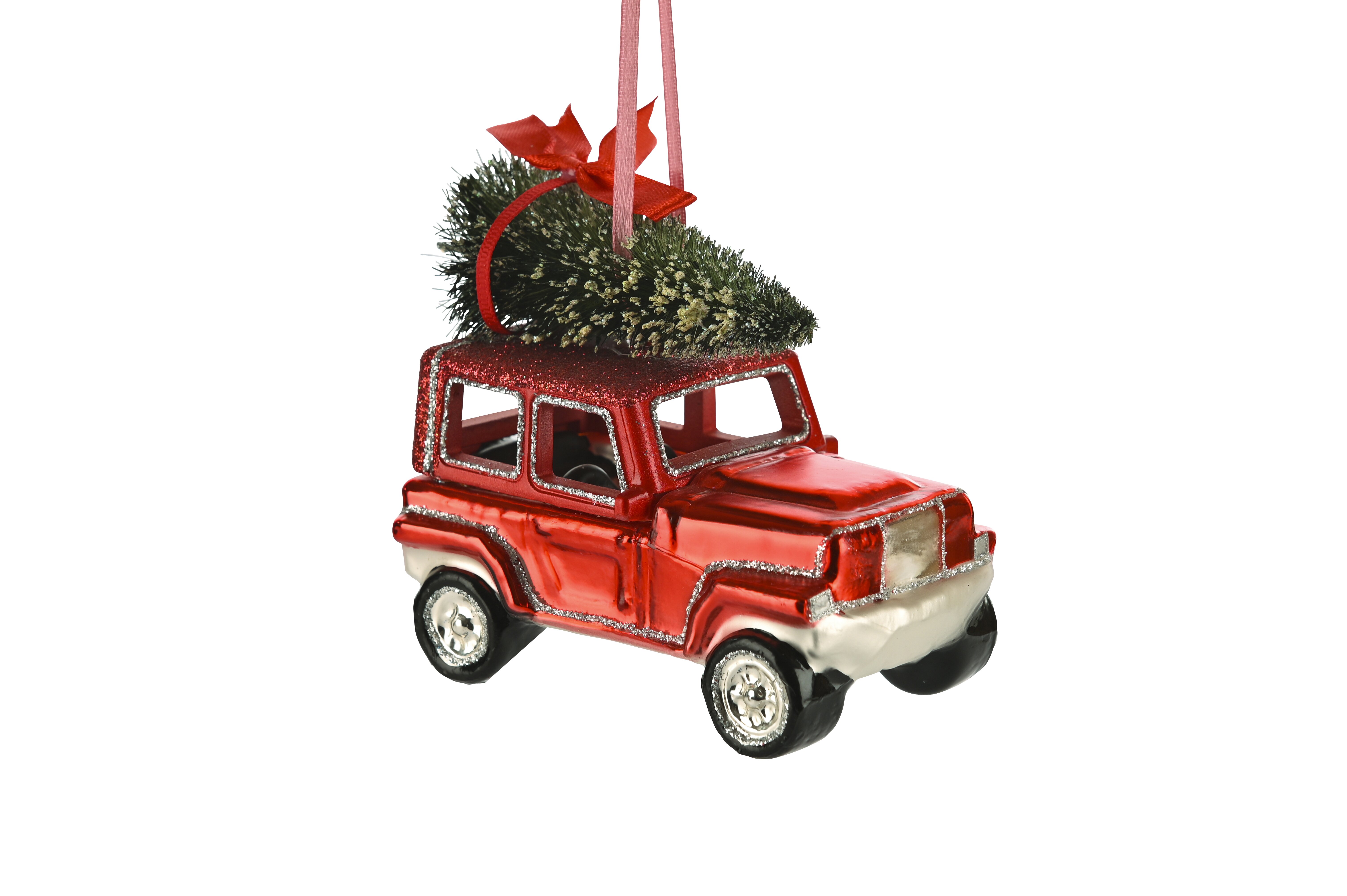 Hänger Geländewagen mit Weihnachtsbaum, rot