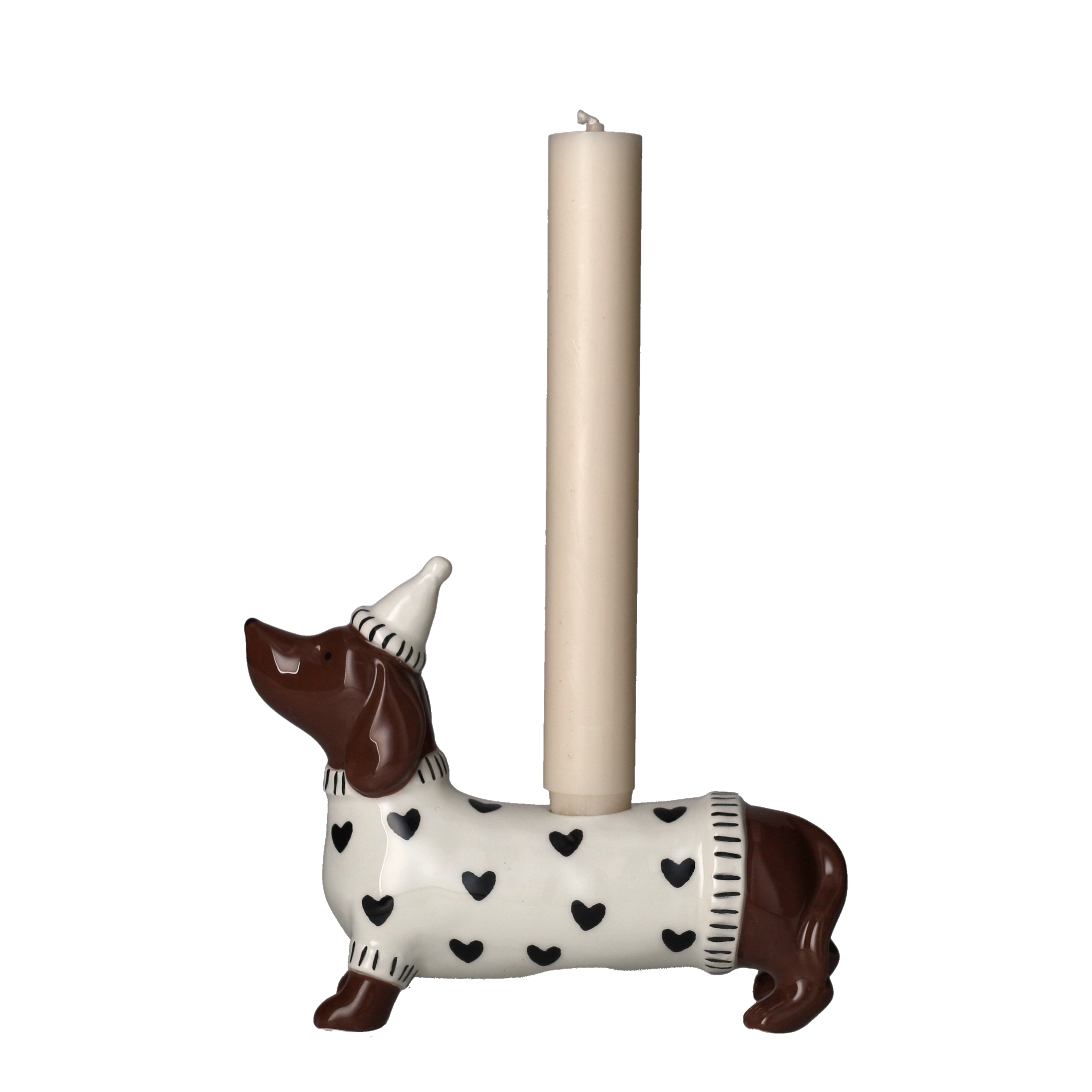 Mignon, Kerzenhalter Dackel mit Mütze, weiß