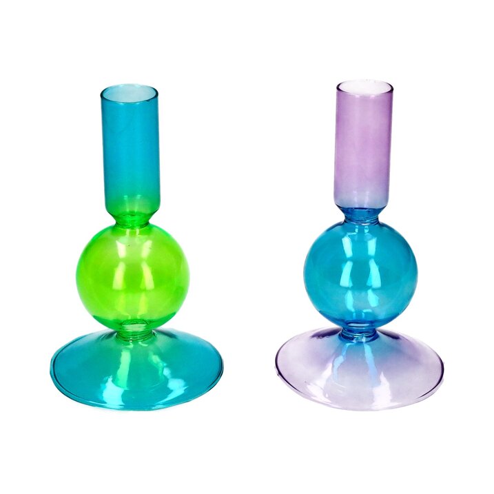 Voile, Kerzenhalter 2 fach sortiert, H(13,5cm), Borosilikatglas, neon lila/blau/grün, gs