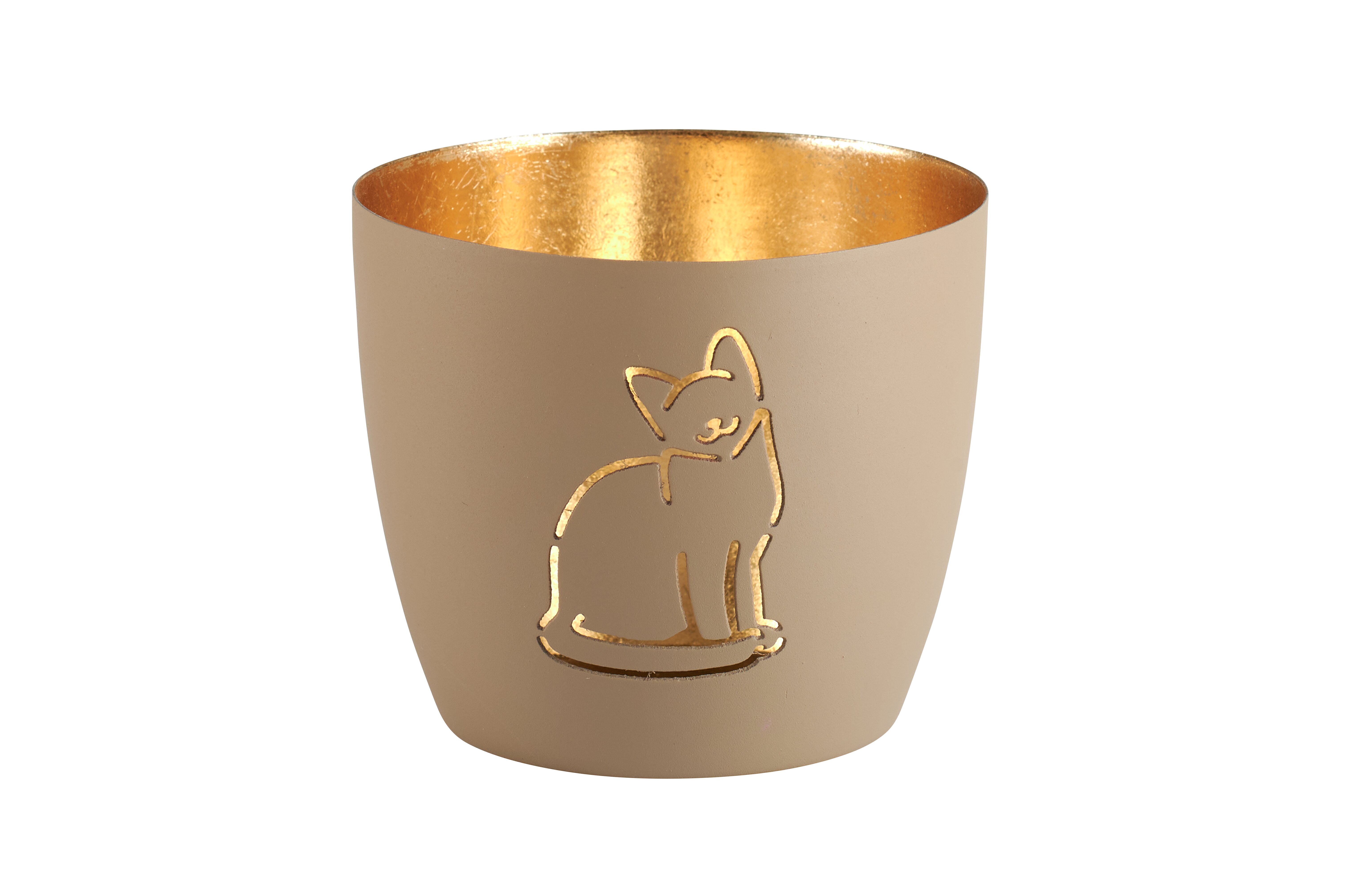 Madras, Windlicht, M, Motiv: Katze, sandstone/gold