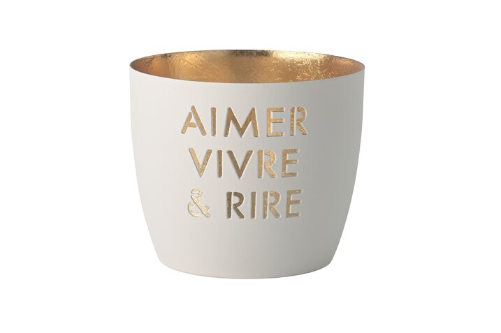 Madras, Windlicht, M, Motiv: Aimer vivre & rire, weiß/gold