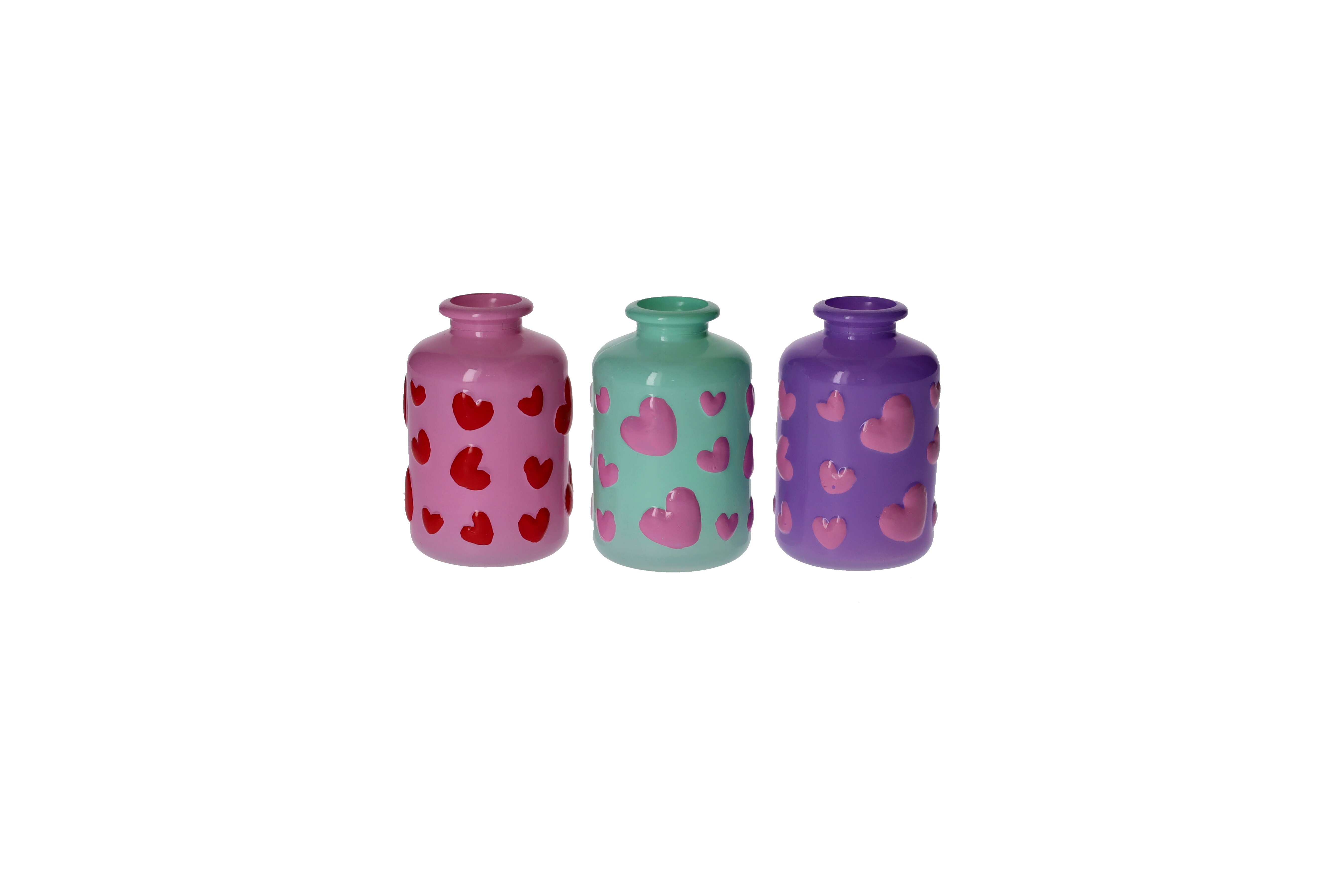 Jacquard, vase, assorted of 3pcs, heart,  purple, pink, turquoise, sprayed