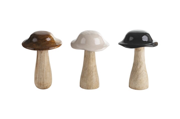 deco mushroom, h15,5cm, assorted of 3pcs., black/sandstone/brown
