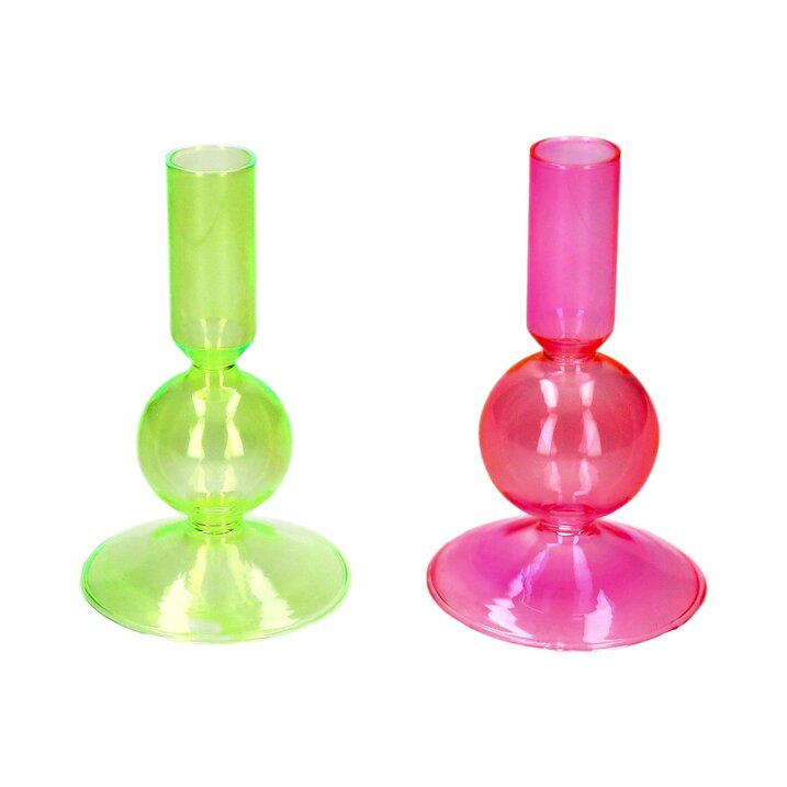 Voile, Kerzenhalter 2 fach sortiert, H(14cm), Borosilikatglas, neon pink/grün, gs