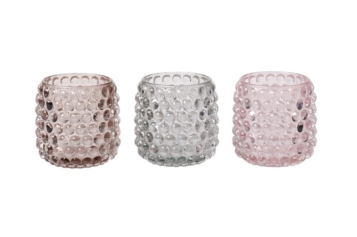 Jacquard, Windlicht 3fach sortiert, H8,5cm, rosa/grün/braun, gs
