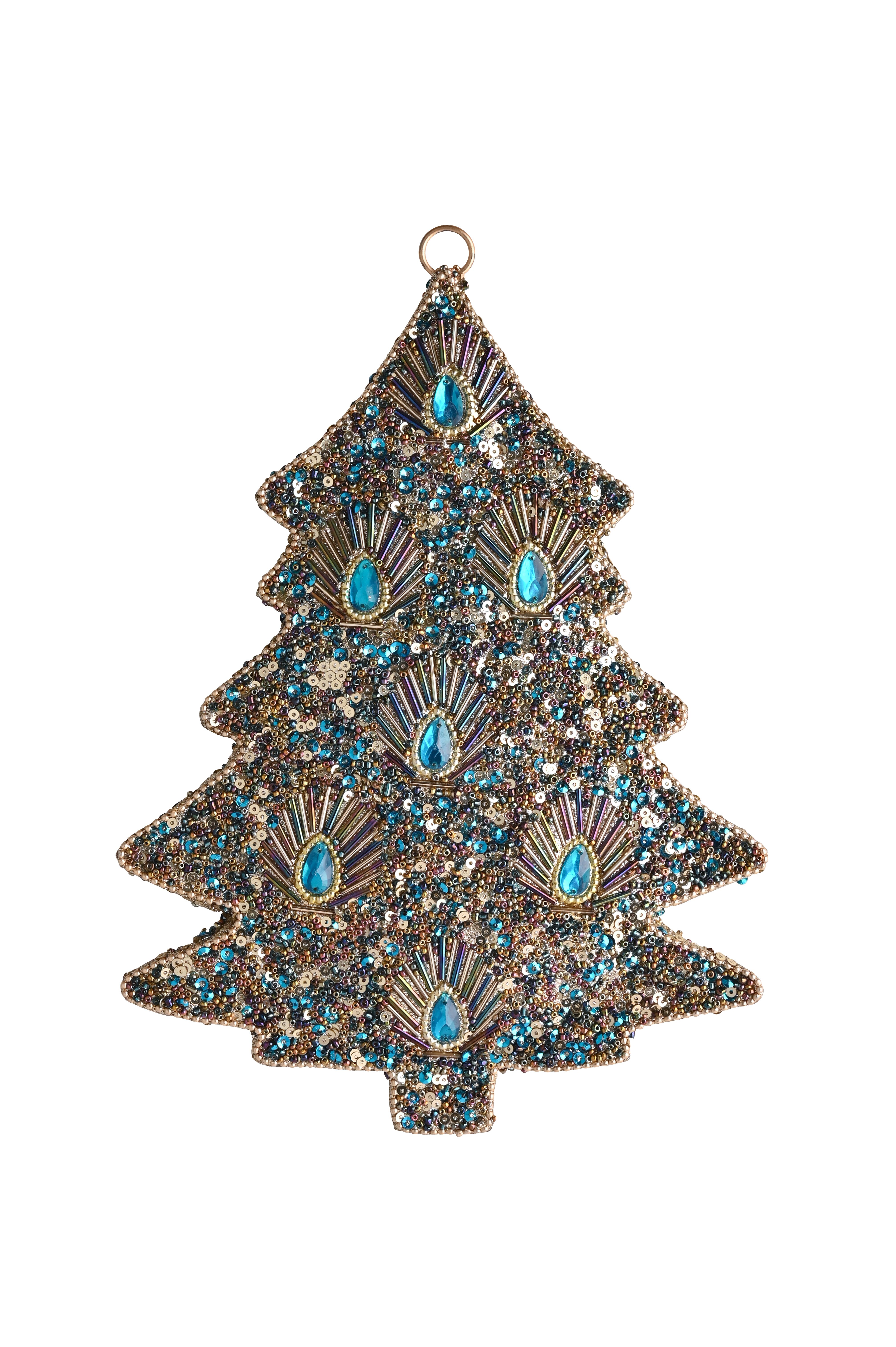 Opium, hanger, xmas tree, L, stones, sequins, blue/gold