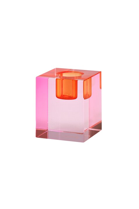 Dioptrics, crystal candle holder, H6cm, block shape, pink/orange sprayed