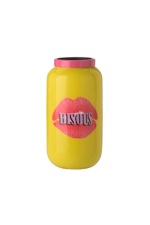 Saigon, Vase mit Metallring, XXS(H12cm), Motiv: Bisous, gelb/fuchsia
