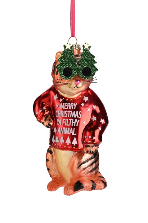 Hänger Katze mit Weihnachtsbaum-Brille, rot/orange