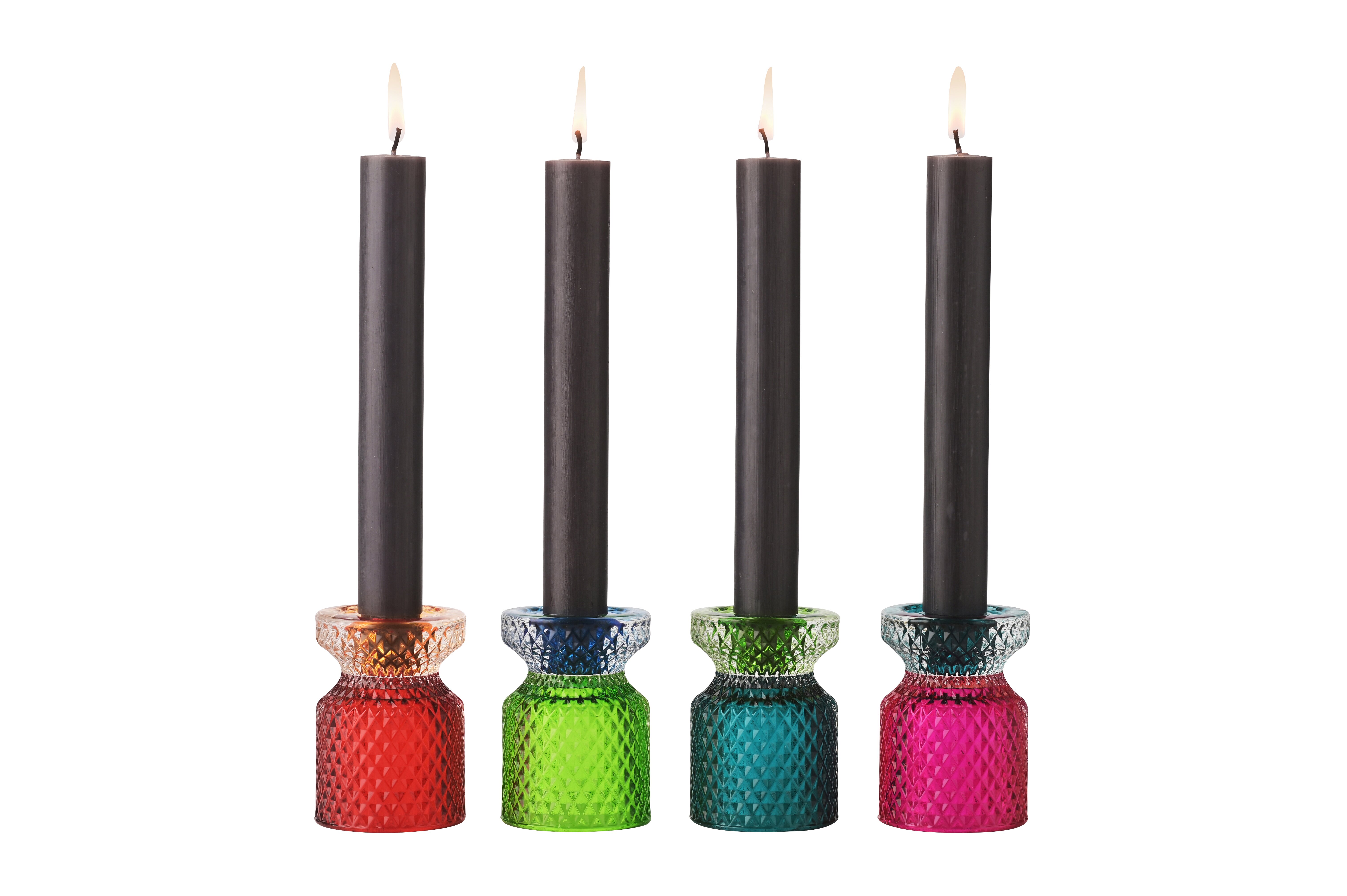 Jacquard, Kerzenhalter/Teelichthalter 4fach sortiert, Rautenschliff, grün/blau/rot/pink, gs