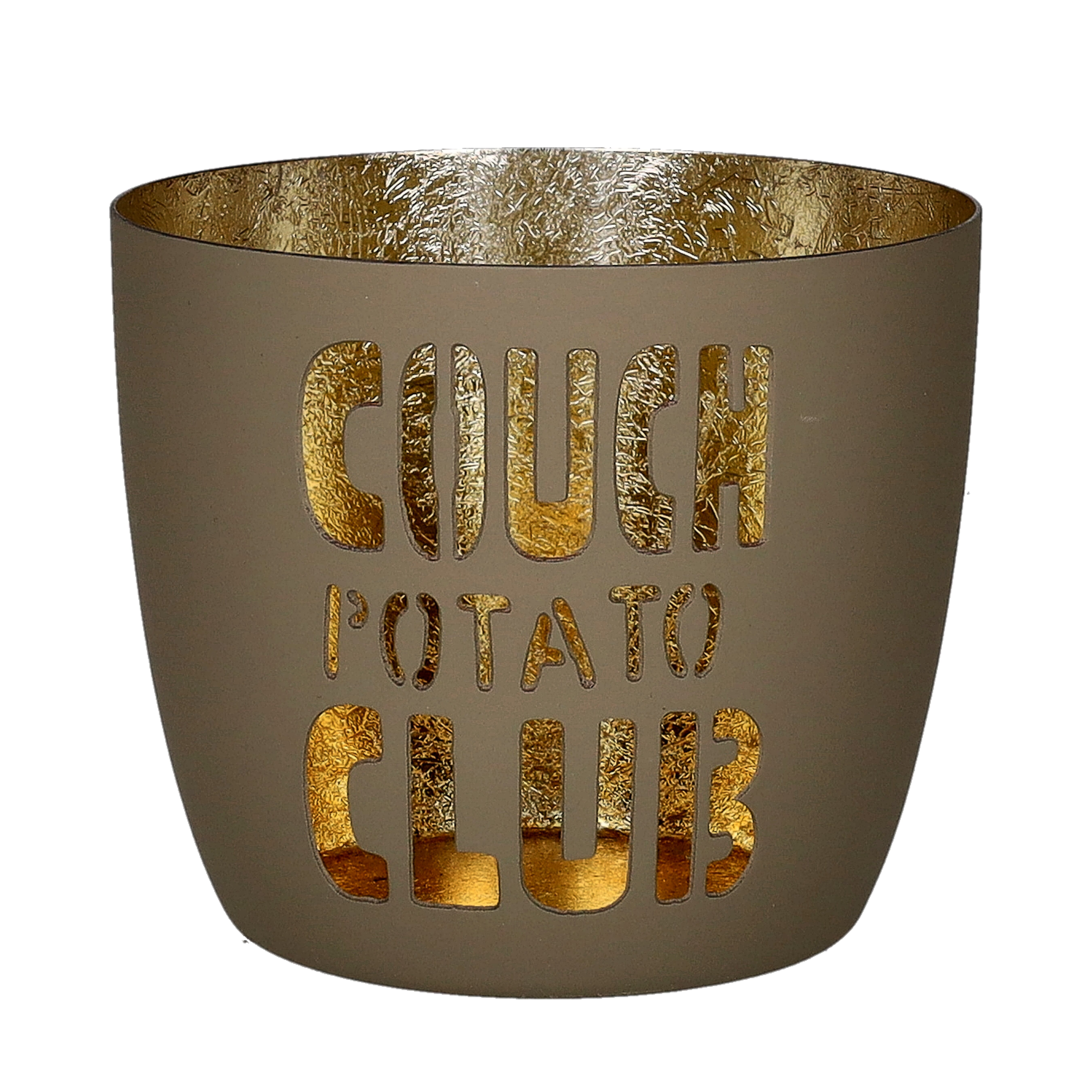 Madras, Windlicht, M, Motiv:  Couch Potato Club, sandstone/gold