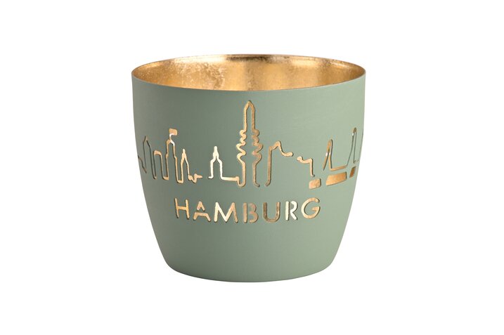 Madras, Windlicht, M, Motiv: Hamburg Skyline, powder blue/gold