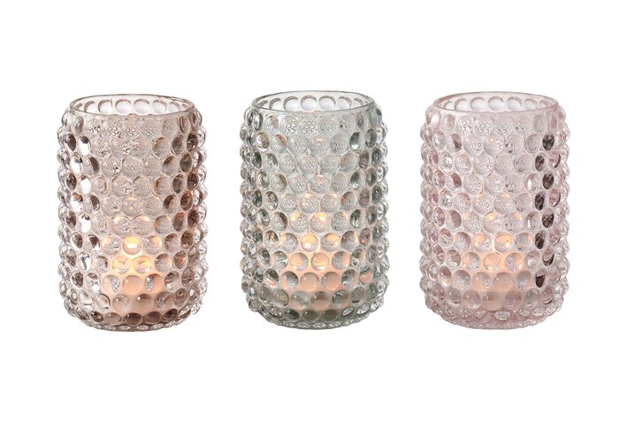 Jacquard, Windlicht 3fach sortiert, H12,5cm, rosa/grün/braun, gs
